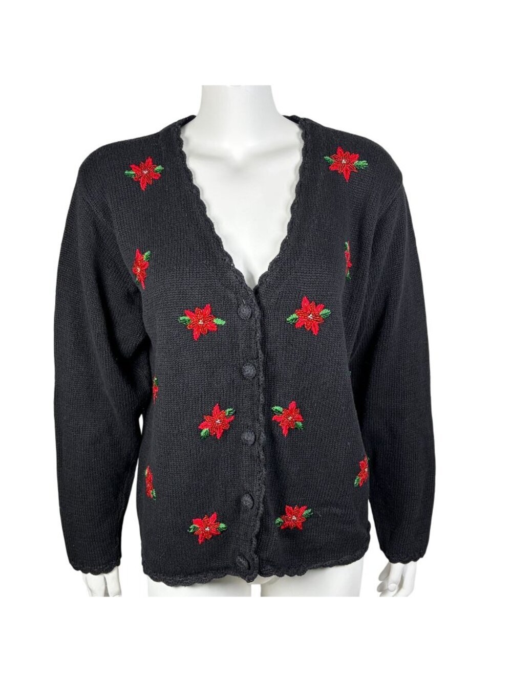 Vintage Victoria Jones Black Cardigan Sweater Size L Poinsettia Embroidery